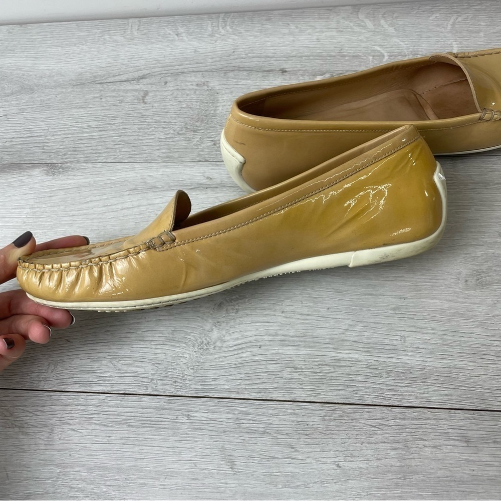 Stuart Weitzman Mach 1 Adobe Aniline Tan Patent Leather Driving Loafers Size 9.5 - Picture 3 of 11